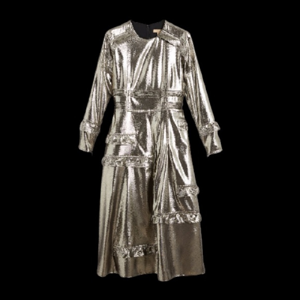 NWT Burberry Long-Sleeve Gold Metallic Ruffle-Trim Dress size US 2 - Picture 1 of 16